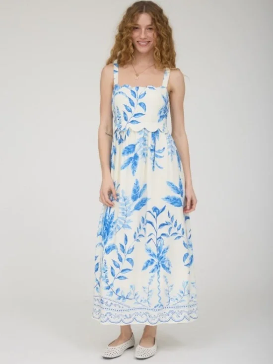 Leaf Print Scallop Detail Sleeveless Midi Dress - Picture 1 of 4